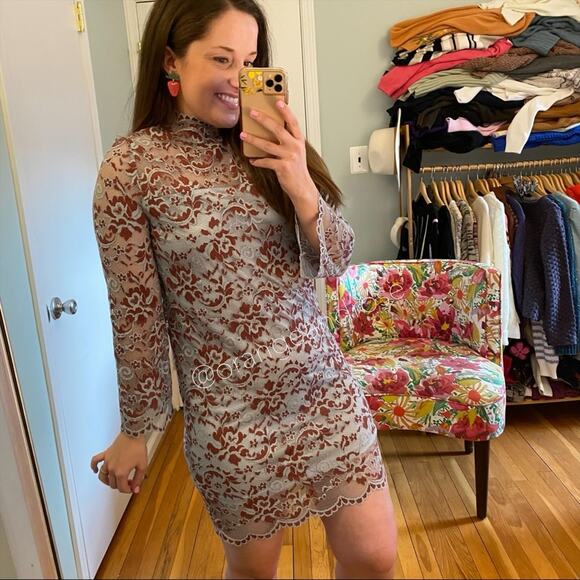 GANNI Blue Red Floral Lace Mockneck Long Sleeve Formal Mini Dress Comfy Event S - Picture 7 of 16